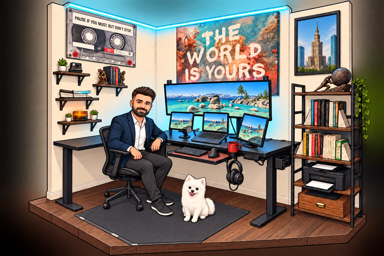 Mark in a fitted black V-neck T-shirt, black jeans, his sailing-ship forearm tattoo, a black watch and black-and-white Nike sneakers, seated beside CiCi, his little white pomsky. His home office has a black L-shaped standing desk, a Tampa skyline across the monitors, floating shelves, a wood bookcase, cassette and The World Is Yours posters, and a framed picture of Warsaw's Palace of Culture and Science.